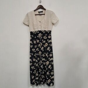 Vtg All That Jazz 90s Grunge Midi Dress Size 5/6 Rayon Linen Monica Dark Floral